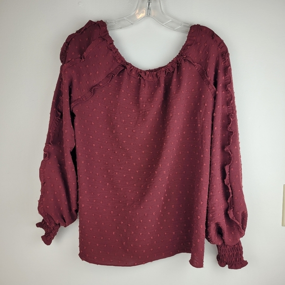 Max Studio burgundy boho blouse puffy ruffled sleeves gathered cuffs dots NWT S - Picture 3 of 12